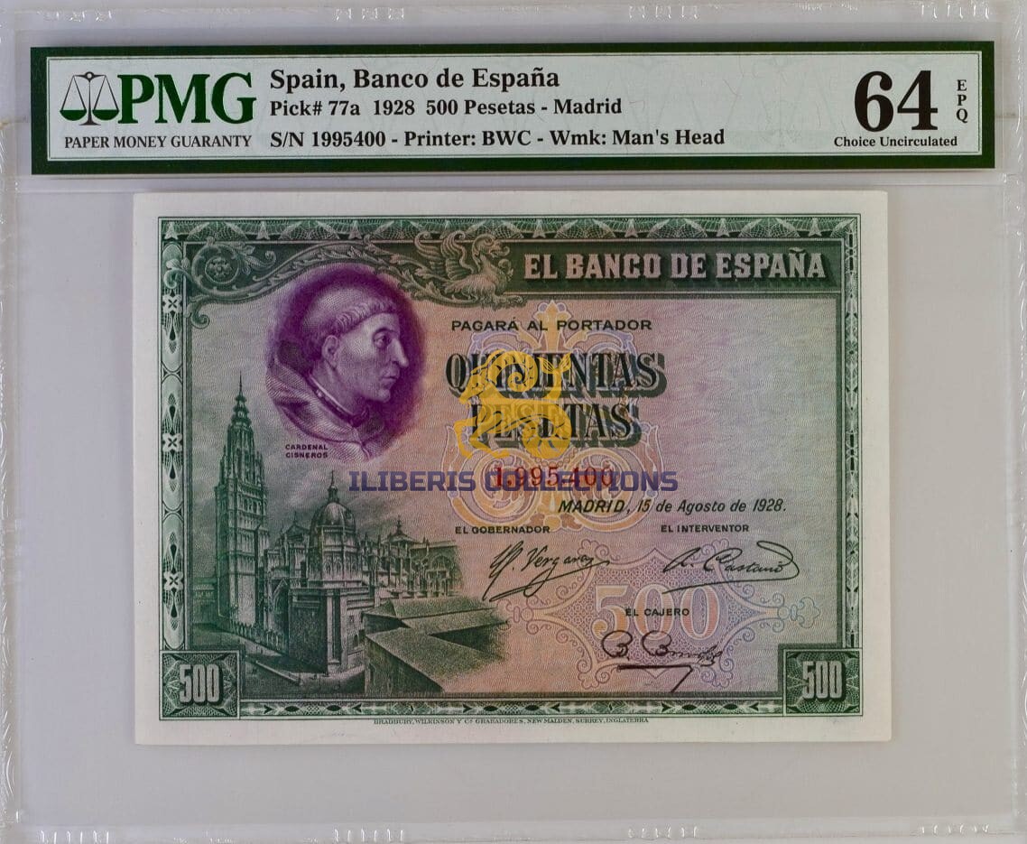Spain 500 Pesetas 1928. PMG 64 EPQ.