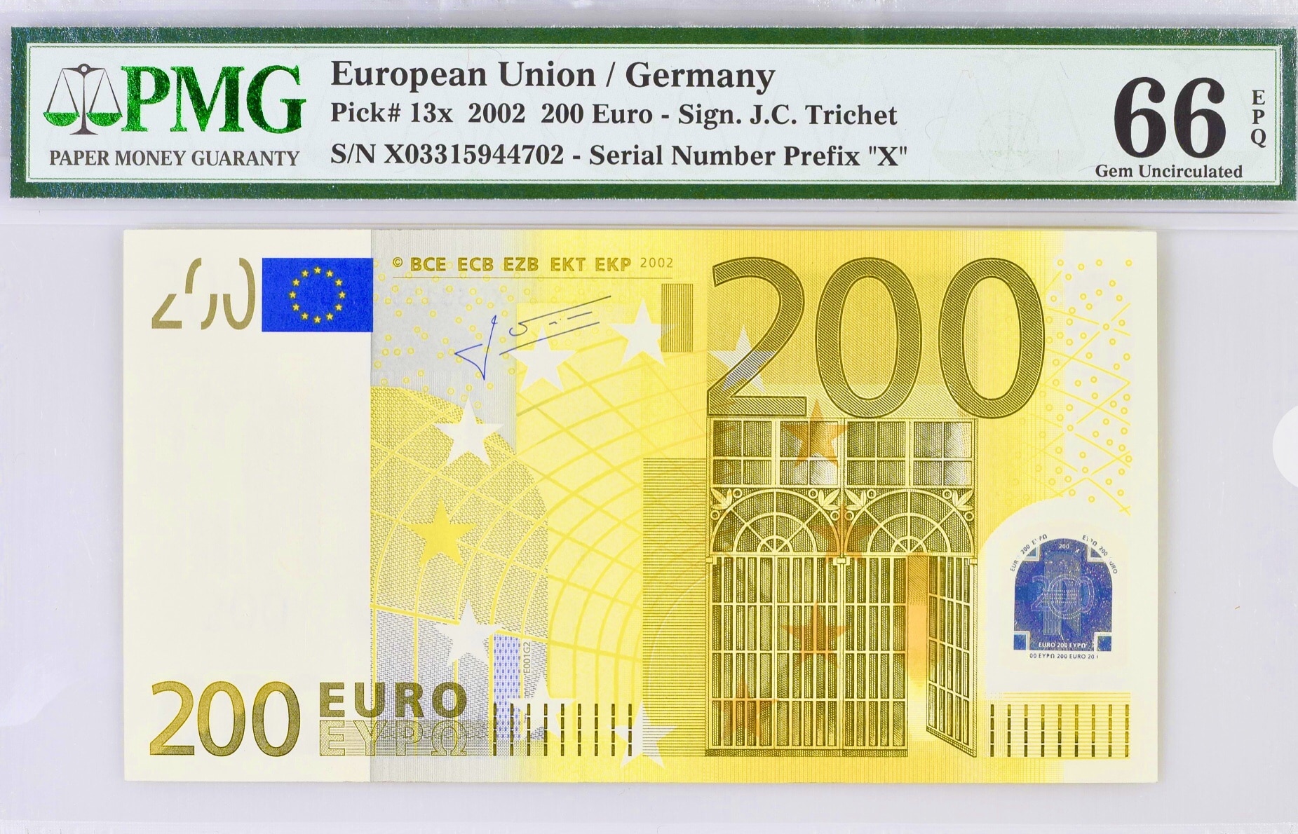 European Union 200€ Trichet (Germany). PMG 66 EPQ.